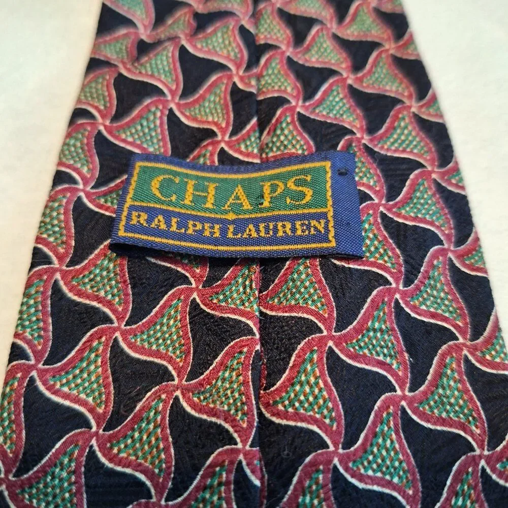Ralph Lauren CHAPS Men's Neck Tie Green And Navy Geometric All Silk Made In USA‎